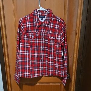 NWT Charter Club Red and Black Plaid Denim Jacket
